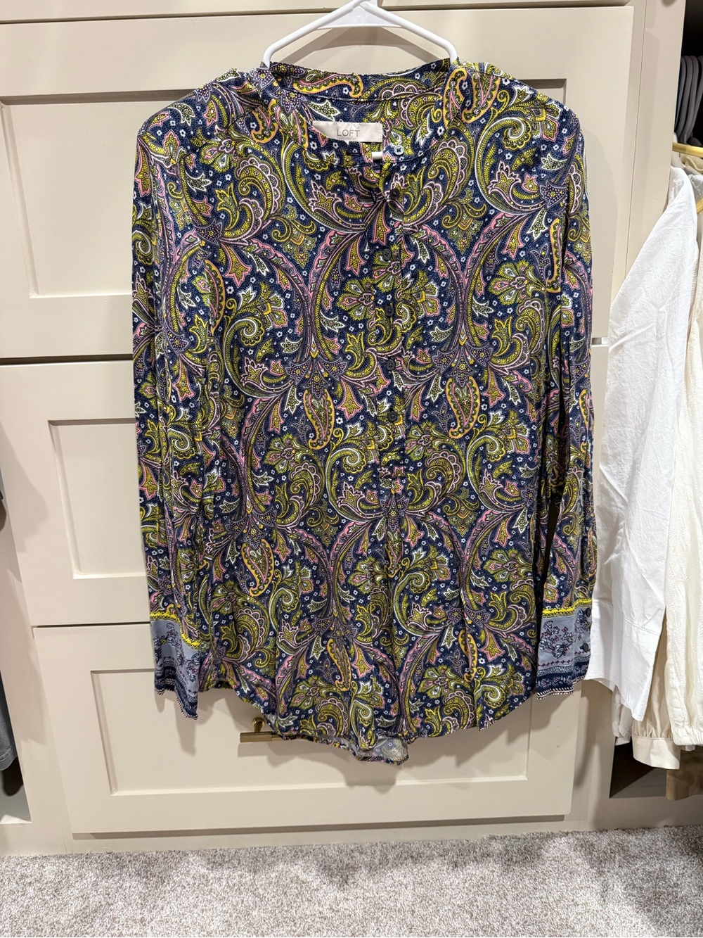 LOFT Navy Paisley Button-Front Blouse with Pink & Olive Accents